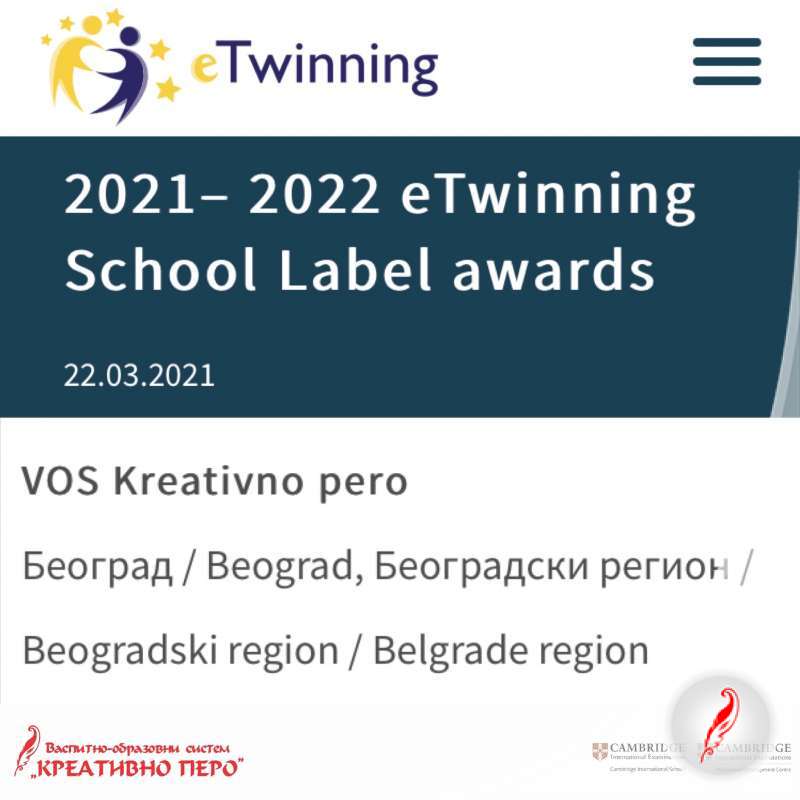 eTwinning školska oznaka za vaspitno-obrazovni sistem „Kreativno pero"